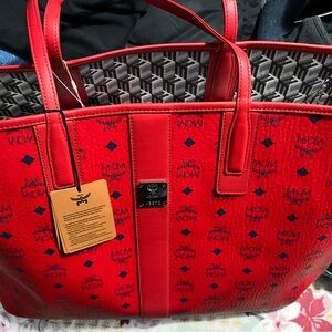 MCM Scarlet Red Tote with Black Accents